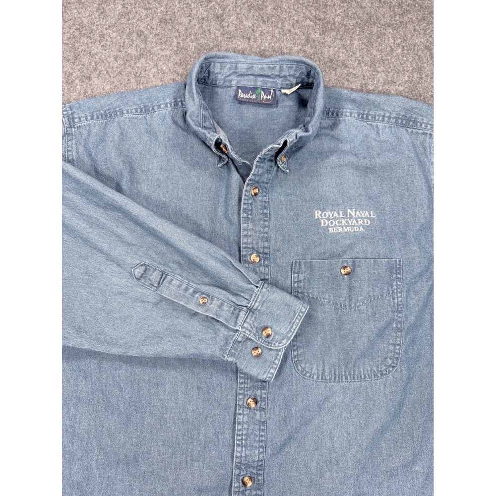 Paradise Point Mens Blue Denim Royal Naval Dockyard Bermuda Button Down Shirt M